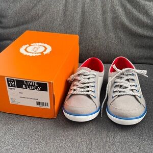 NIB Livie & Luca organic cotton canvas Gray Sneakers with Red Accents